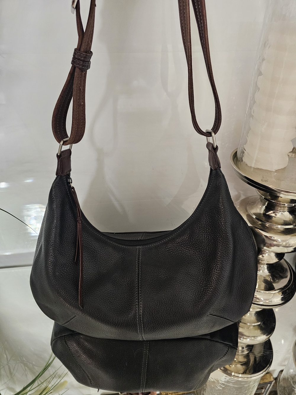 Tignanello Black Pebble Leather Shoulder Bag with Brown Strap
